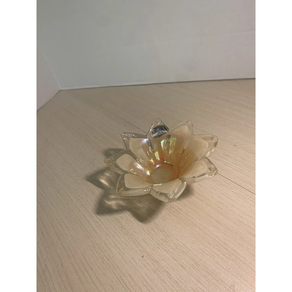 Murano Art Glass Star Flower Votive Dish white and Iridescent Orange has Sticker